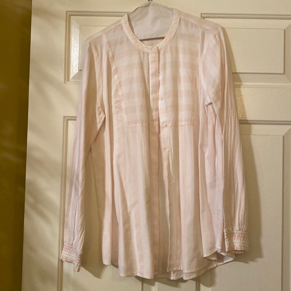 Pale pink and white striped button down blouse. Large